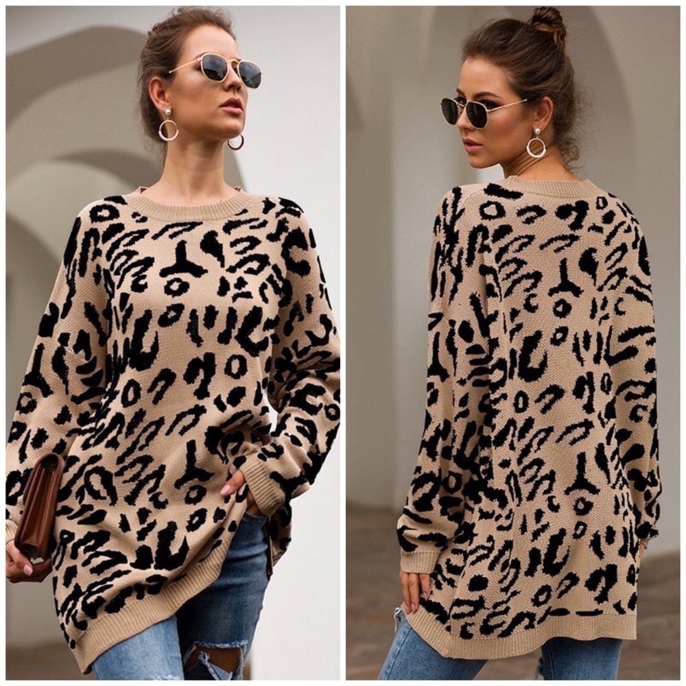 Oversized Leopard Bishop Sleeves Crew Neck Tunic Sweater Khaki Black 2819 - Picture 4 of 8